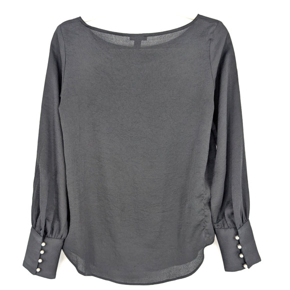 Ann Taylor Black Chiffon Crepe Pearl Button Cuff Mutton Sleeve Classic Blouse XS - Picture 6 of 8